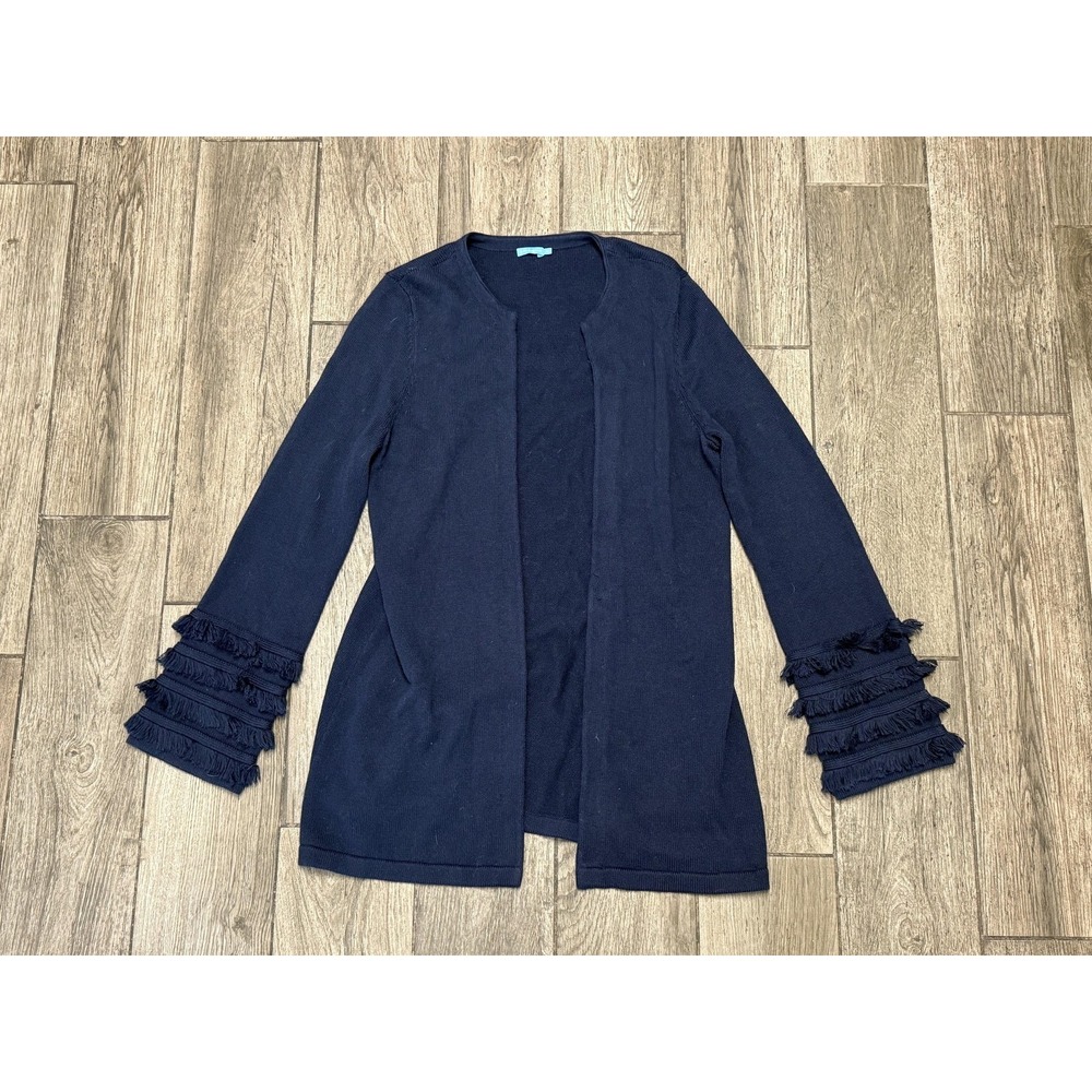 J McLaughlin Cardigan Sweater Womens Medium Navy Fringe Bell Sleeve Open
